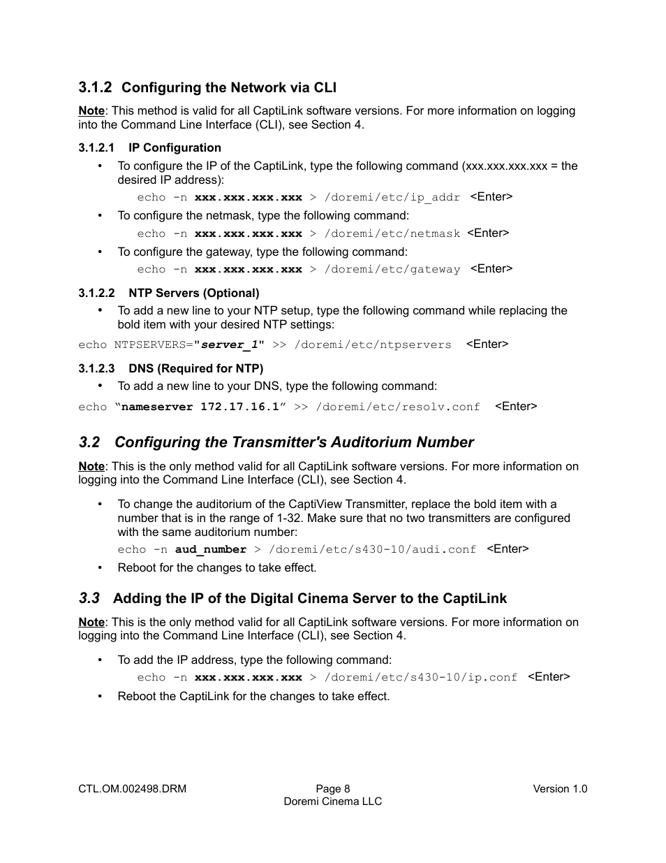 2 configuring the network via cli, 1 ip configuration, 2 ntp servers (optional) | 3 dns (required for ntp), 2 configuring the transmitter's auditorium number | Doremi CaptiView User Manual | Page 8 / 14