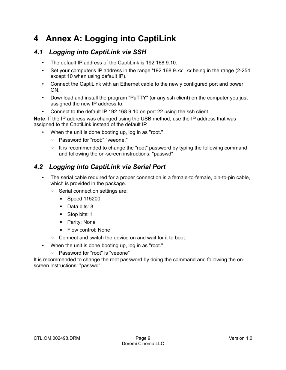 4 annex a: logging into captilink, 1 logging into captilink via ssh, 2 logging into captilink via serial port | Doremi CaptiView User Manual | Page 9 / 14