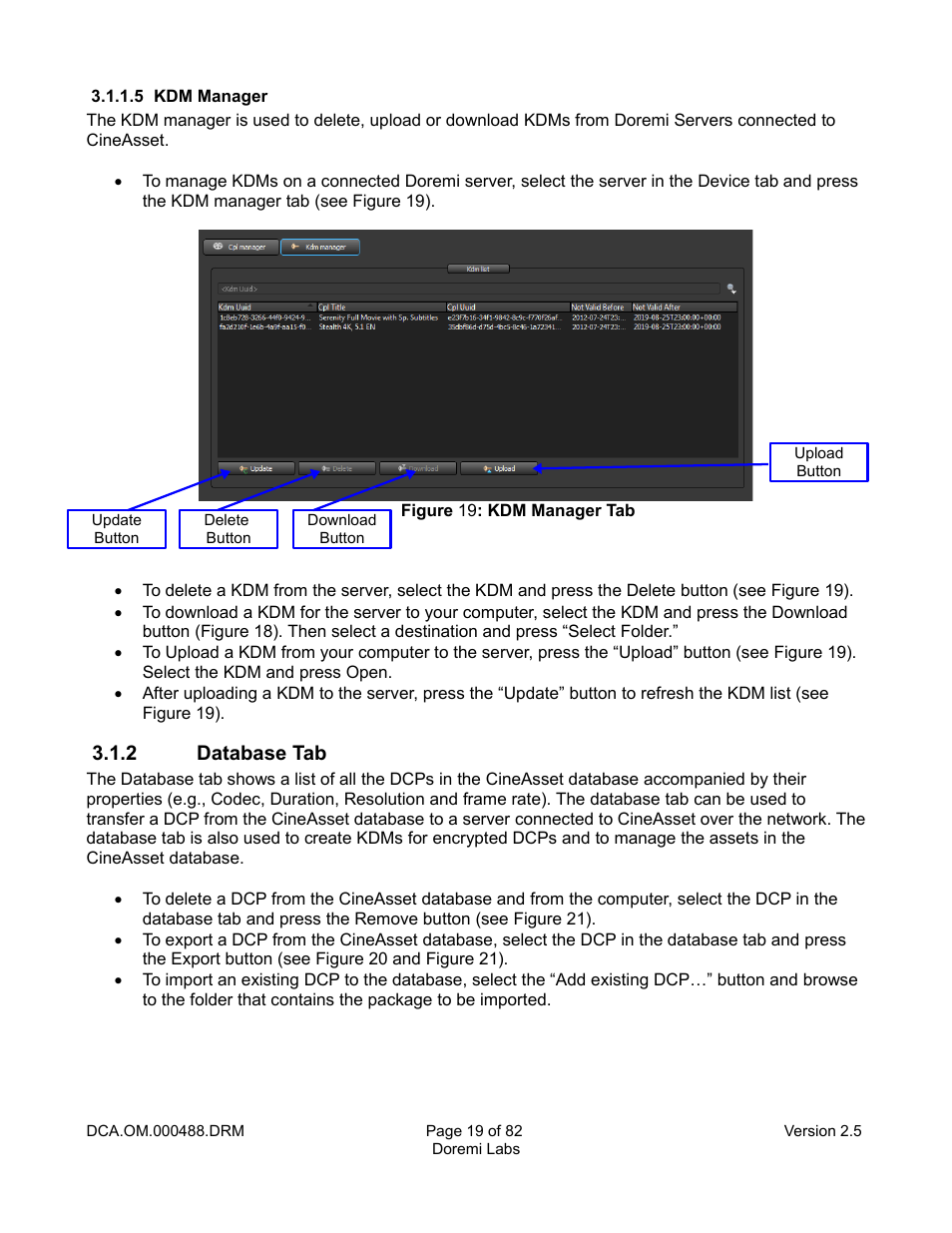 5 kdm manager, 2 database tab | Doremi CineAsset User Manual | Page 19 / 82