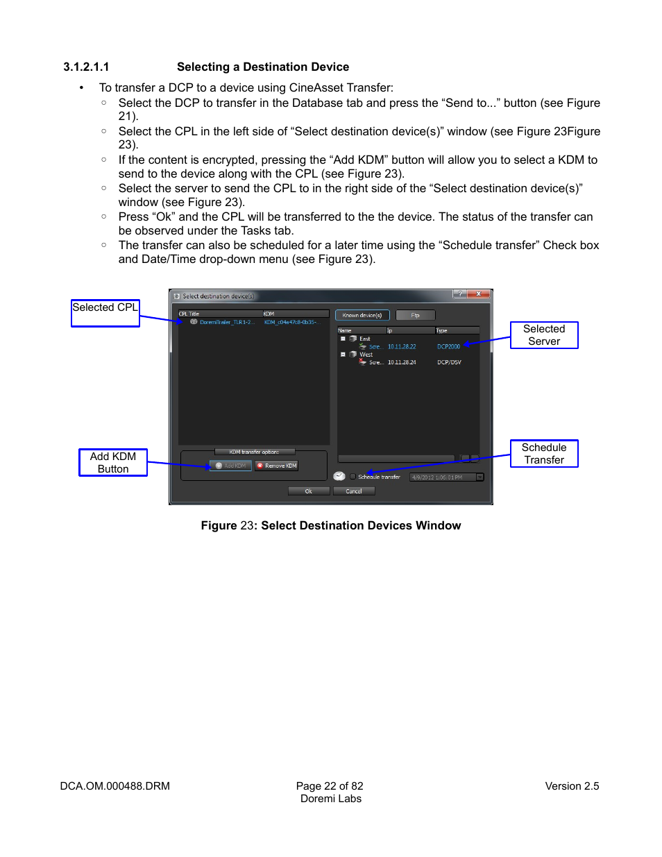 1 selecting a destination device | Doremi CineAsset User Manual | Page 22 / 82