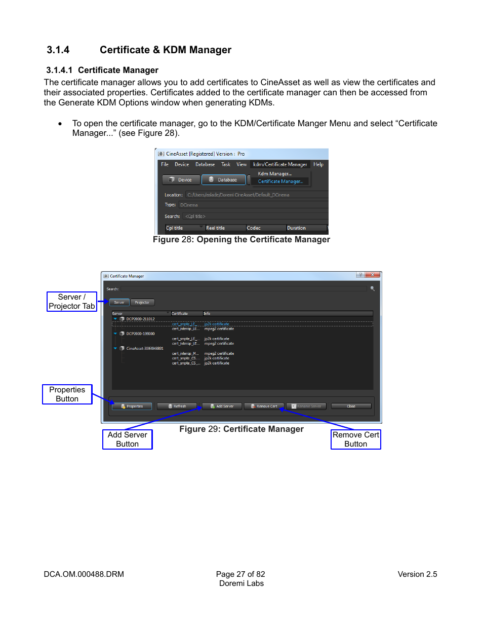 4 certificate & kdm manager, 1 certificate manager | Doremi CineAsset User Manual | Page 27 / 82