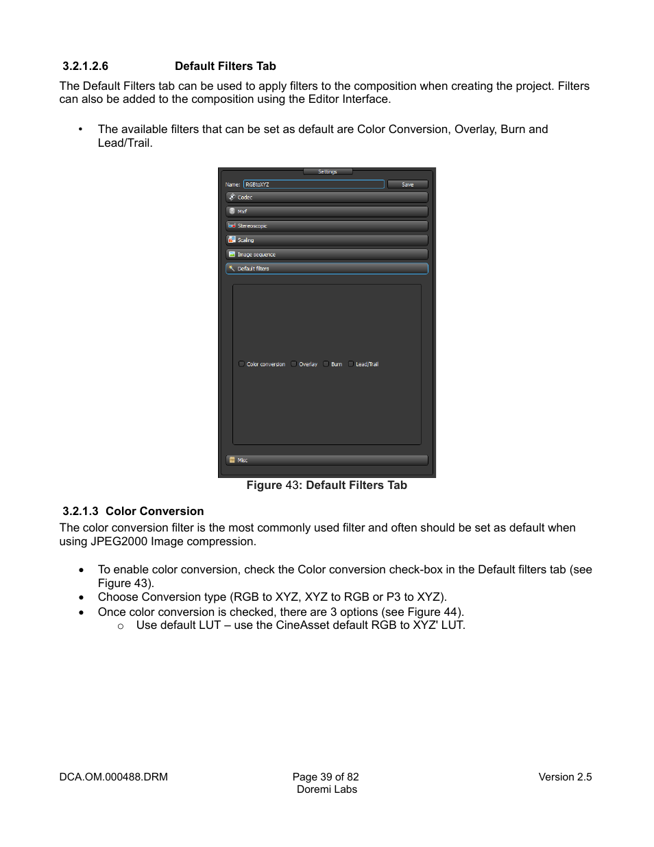 6 default filters tab, 3 color conversion | Doremi CineAsset User Manual | Page 39 / 82