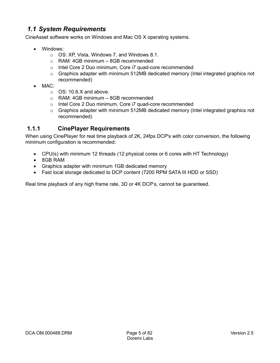 1 system requirements, 1 cineplayer requirements | Doremi CineAsset User Manual | Page 5 / 82