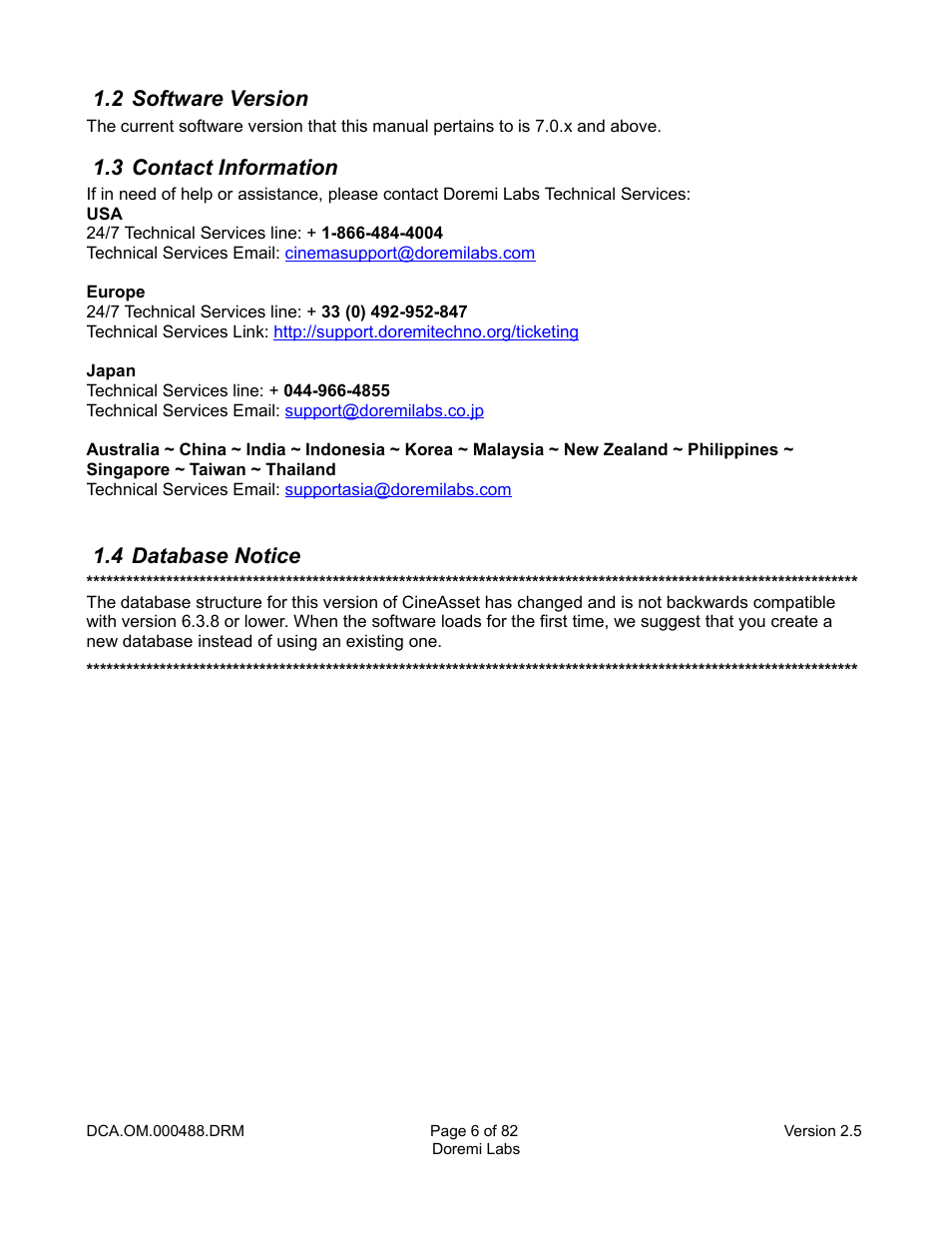 2 software version, 3 contact information, 4 database notice | Doremi CineAsset User Manual | Page 6 / 82