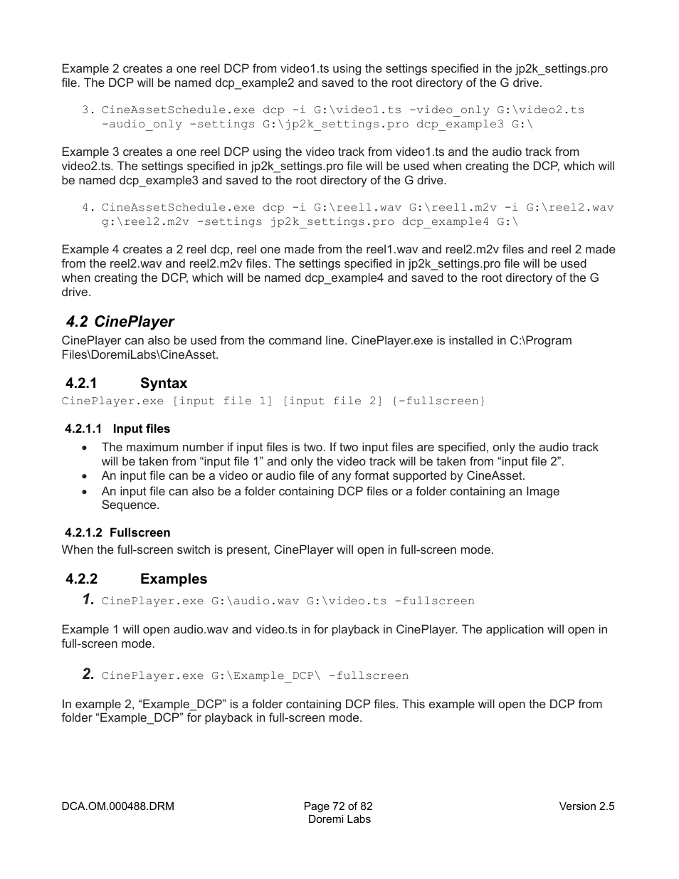 2 cineplayer, 1 syntax, 1 input files | 2 fullscreen, 2 examples | Doremi CineAsset User Manual | Page 72 / 82