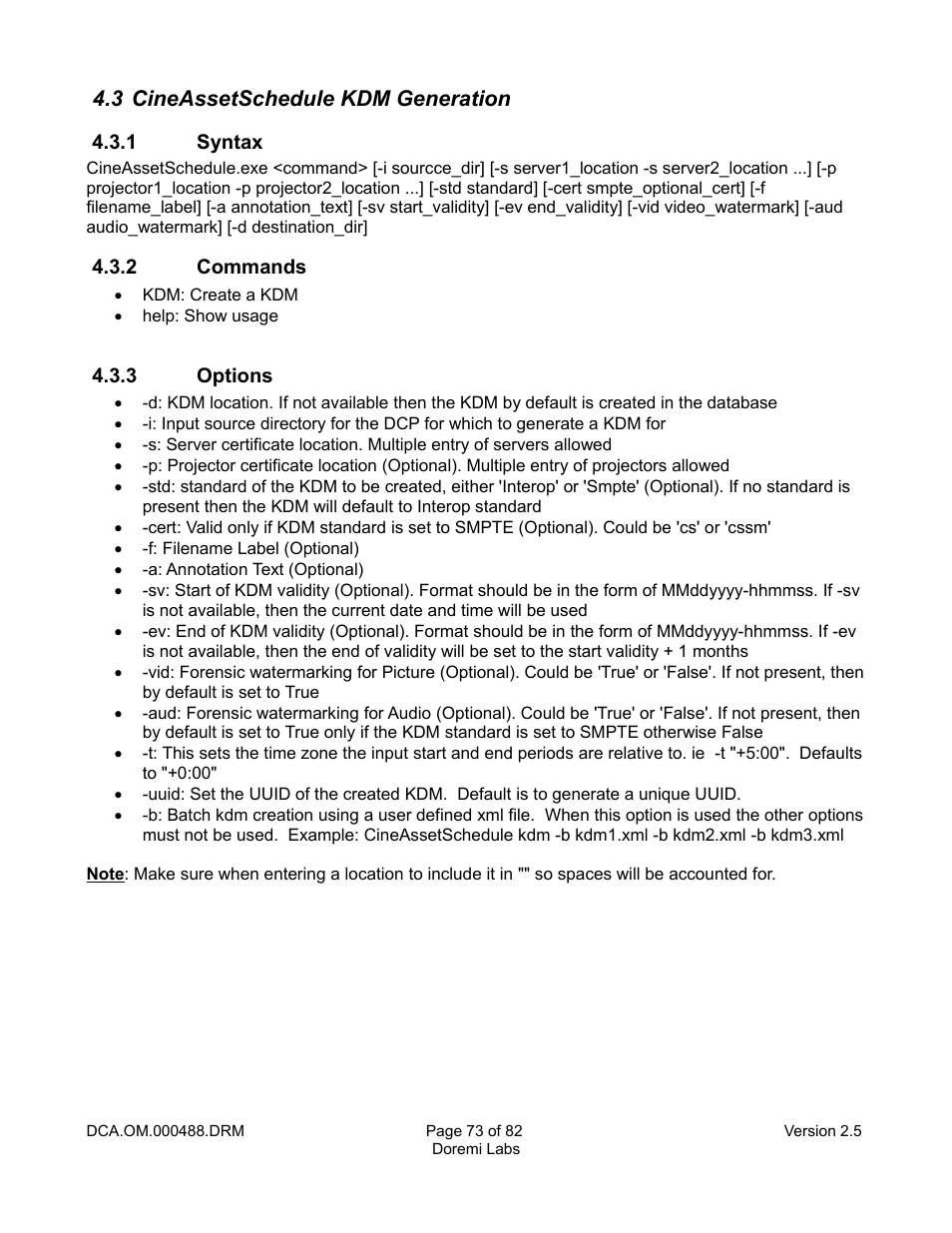 3 cineassetschedule kdm generation, 1 syntax, 2 commands | 3 options | Doremi CineAsset User Manual | Page 73 / 82