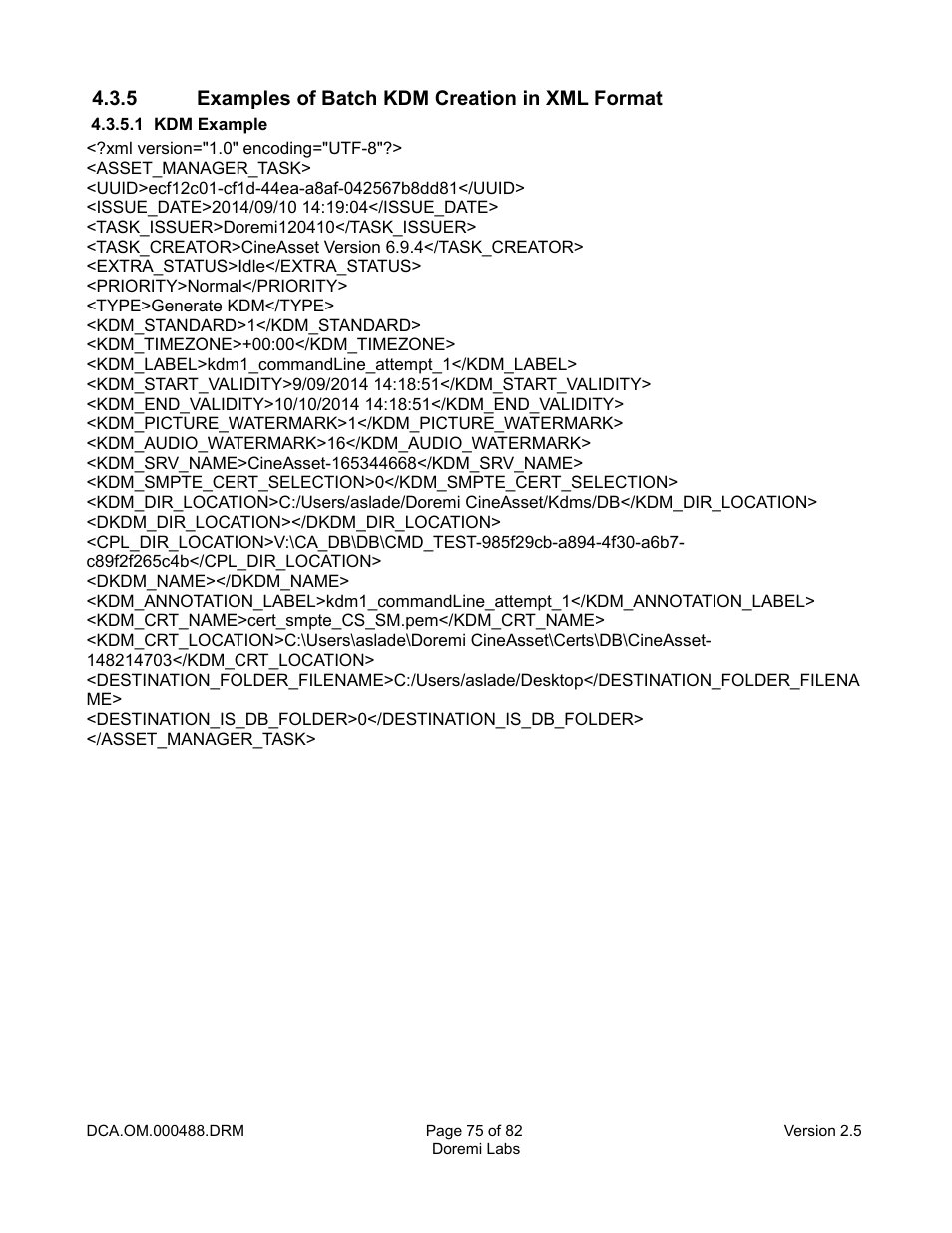 5 examples of batch kdm creation in xml format, 1 kdm example | Doremi CineAsset User Manual | Page 75 / 82