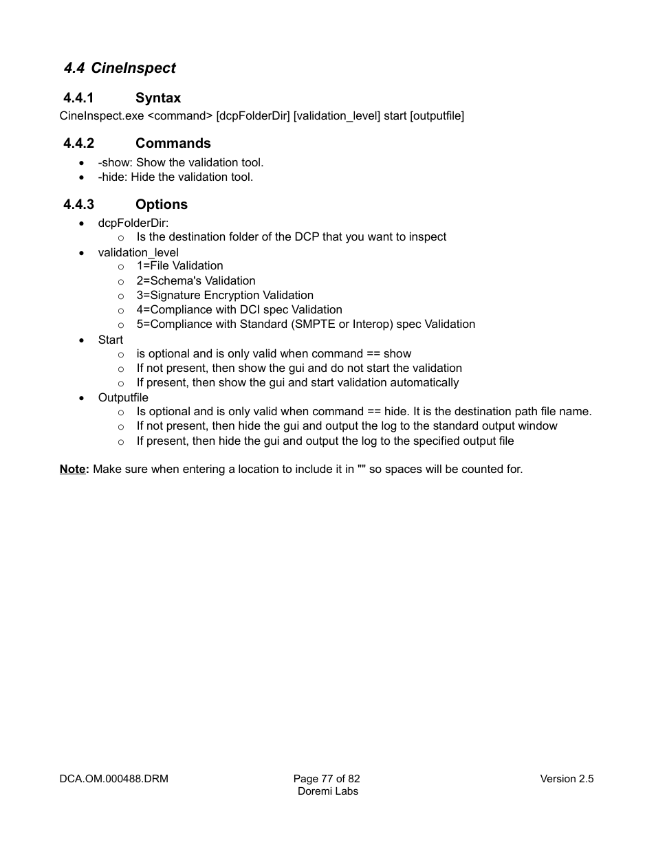 4 cineinspect, 1 syntax, 2 commands | 3 options | Doremi CineAsset User Manual | Page 77 / 82
