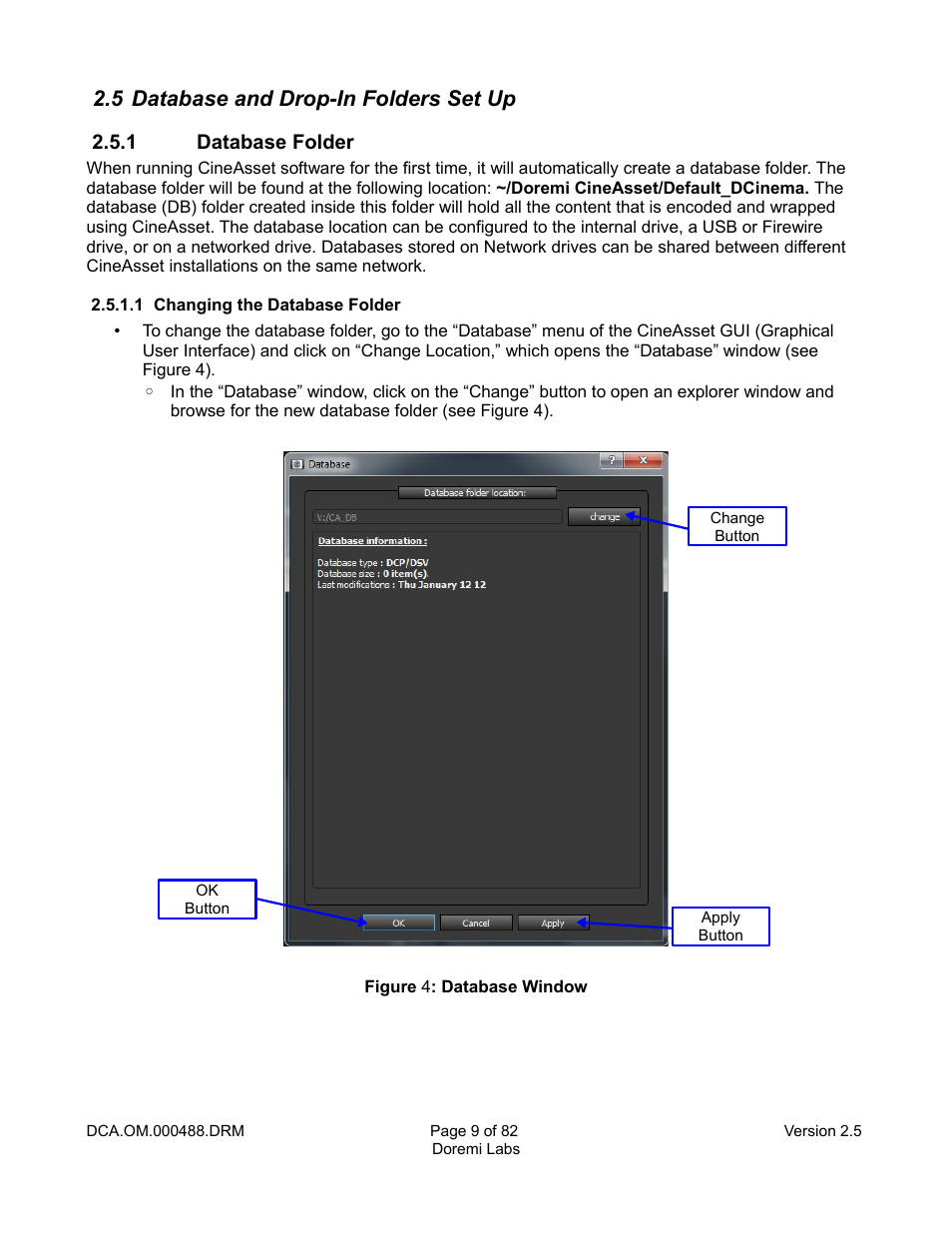 5 database and drop-in folders set up, 1 database folder, 1 changing the database folder | Doremi CineAsset User Manual | Page 9 / 82