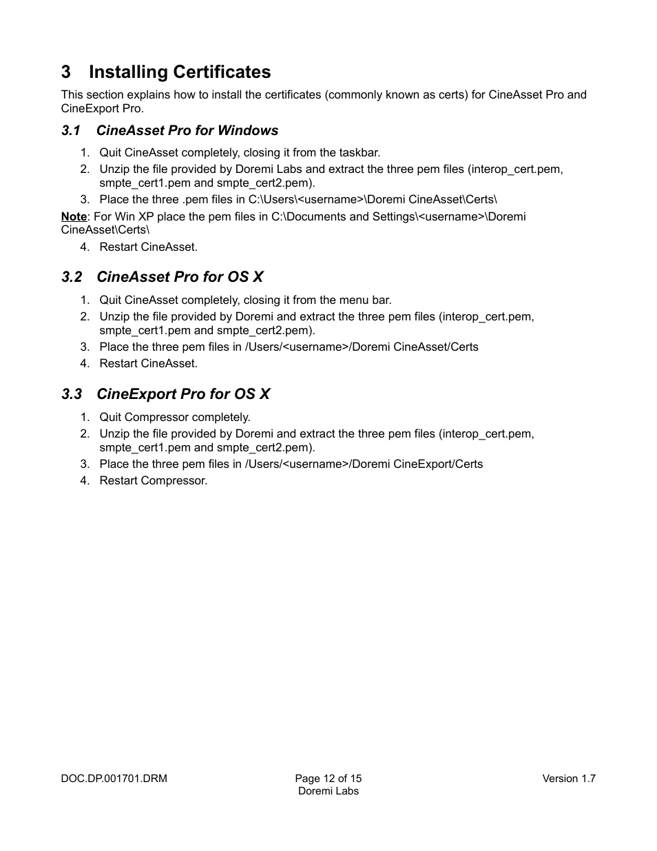3 installing certificates, 1 cineasset pro for windows, 2 cineasset pro for os x | 3 cineexport pro for os x | Doremi CineAsset User Manual | Page 12 / 15