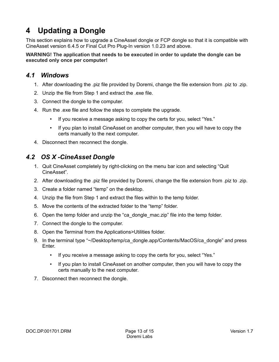 4 updating a dongle, 1 windows, 2 os x -cineasset dongle | Doremi CineAsset User Manual | Page 13 / 15