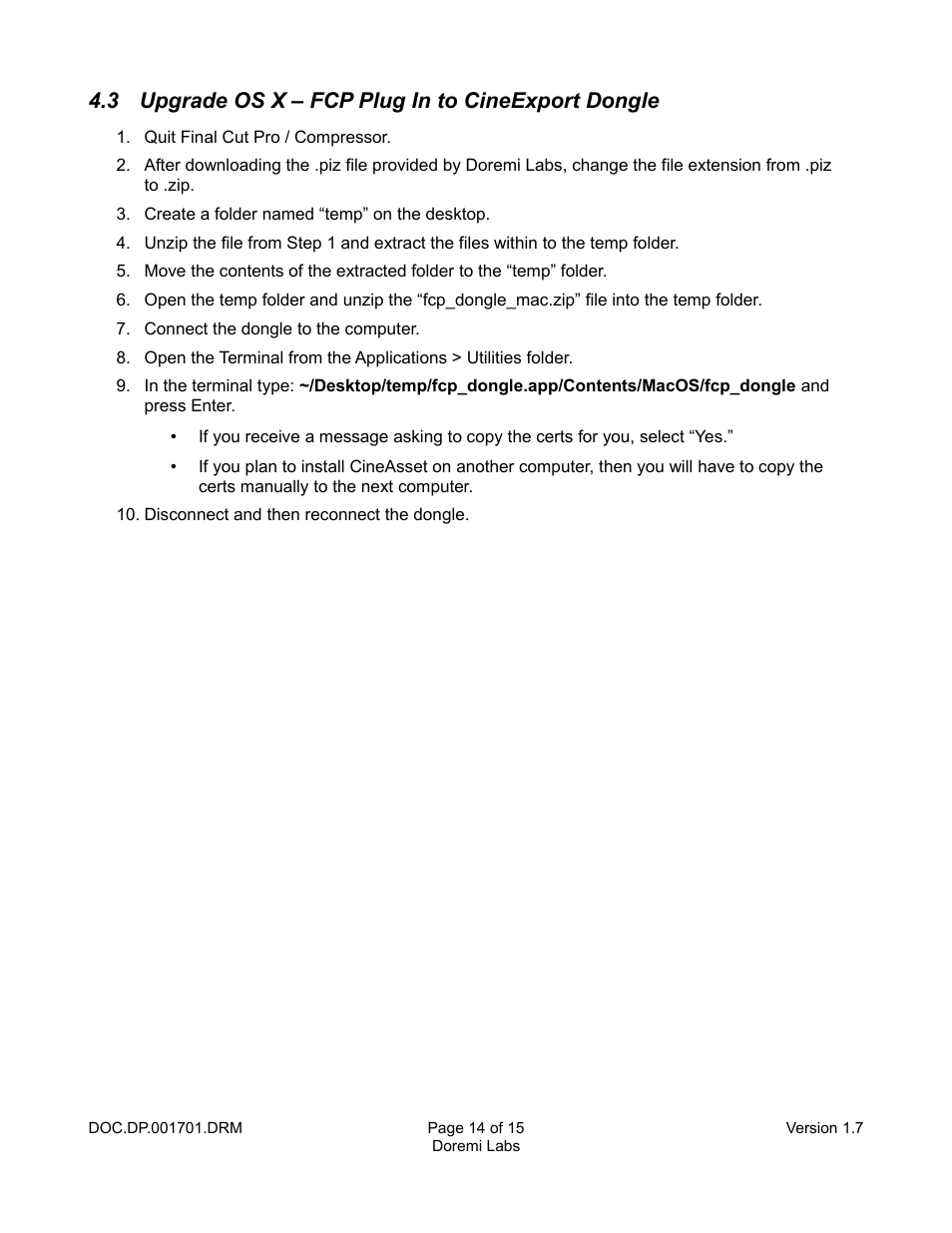 3 upgrade os x – fcp plug in to cineexport dongle | Doremi CineAsset User Manual | Page 14 / 15