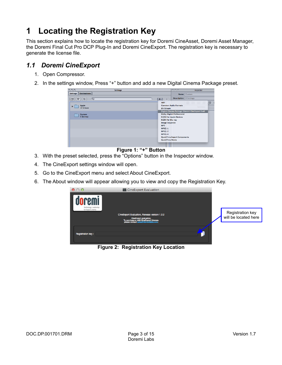 1 locating the registration key, 1 doremi cineexport | Doremi CineAsset User Manual | Page 3 / 15