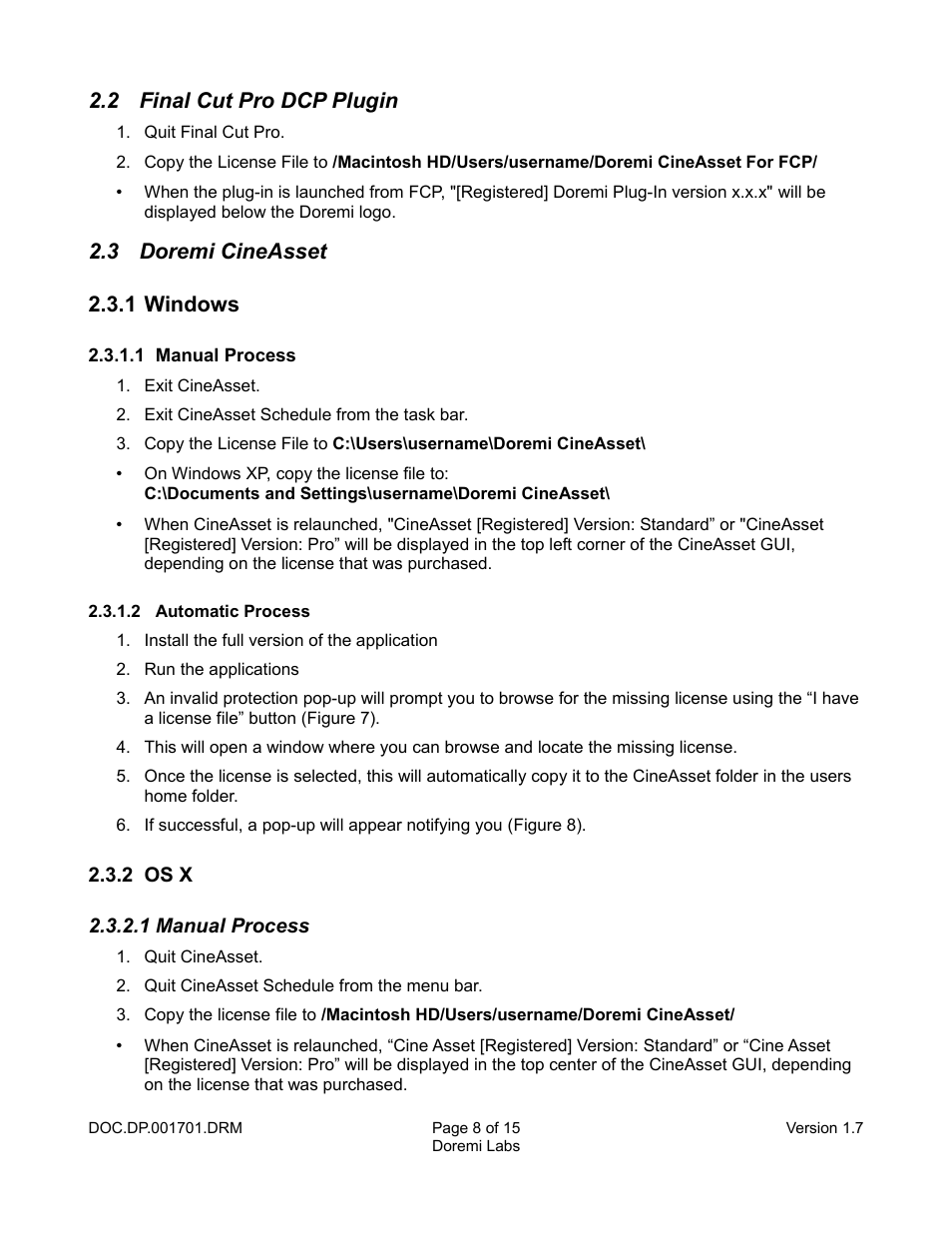 2 final cut pro dcp plugin, 3 doremi cineasset, 1 windows | 1 manual process, 2 automatic process, 2 os x, 3 doremi cineasset 2.3.1 windows | Doremi CineAsset User Manual | Page 8 / 15