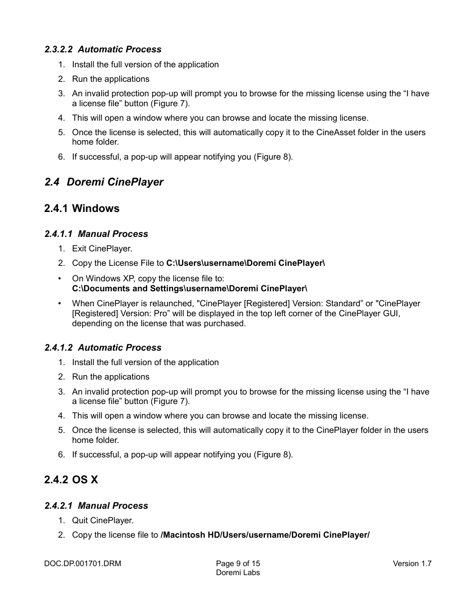 2 automatic process, 4 doremi cineplayer, 1 windows | 1 manual process, 2 os x, 4 doremi cineplayer 2.4.1 windows | Doremi CineAsset User Manual | Page 9 / 15