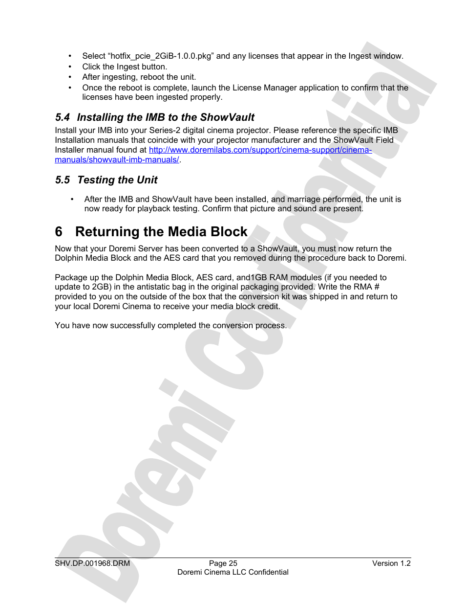 4 installing the imb to the showvault, 5 testing the unit, 6 returning the media block | Doremi DCP to ShowVault Conversion Procedure User Manual | Page 25 / 27