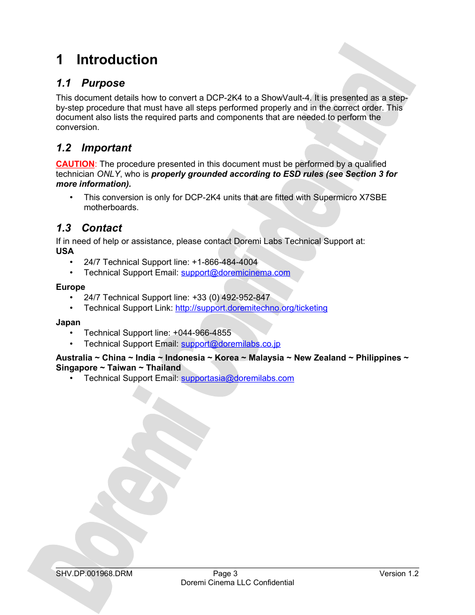 1 introduction, 1 purpose, 2 important | 3 contact | Doremi DCP to ShowVault Conversion Procedure User Manual | Page 3 / 27