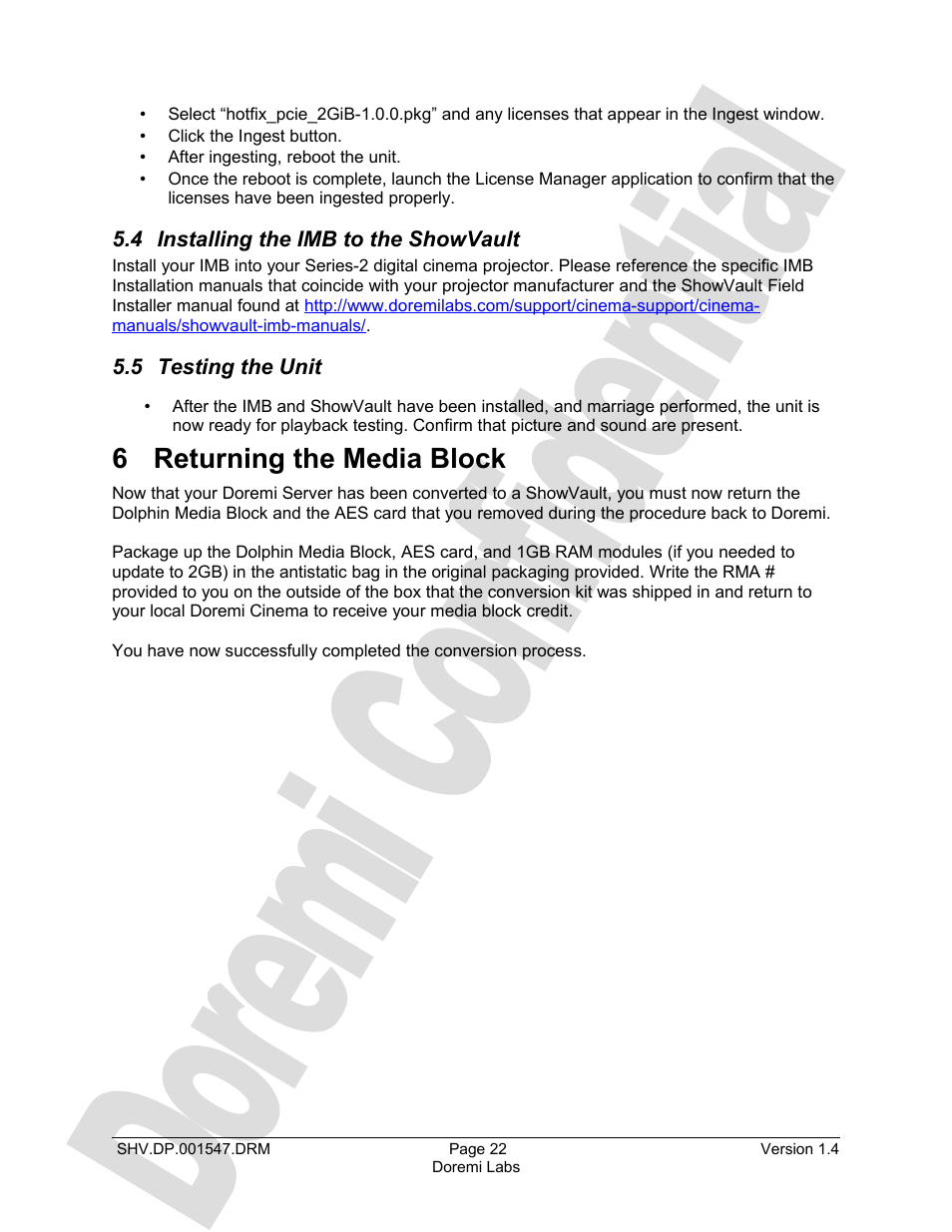 4 installing the imb to the showvault, 5 testing the unit, 6 returning the media block | Doremi DCP to ShowVault Conversion Procedure User Manual | Page 22 / 24
