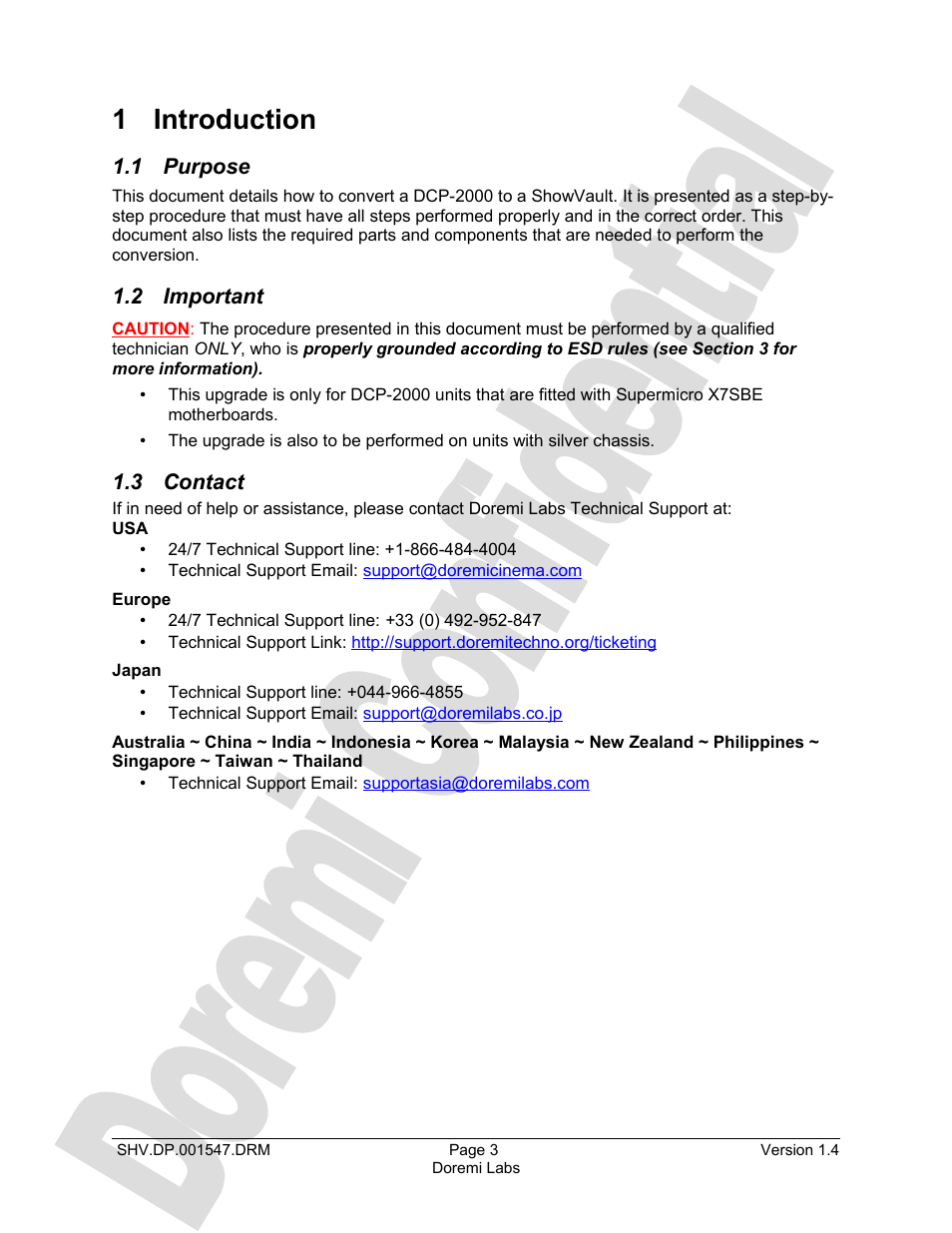 1 introduction, 1 purpose, 2 important | 3 contact | Doremi DCP to ShowVault Conversion Procedure User Manual | Page 3 / 24