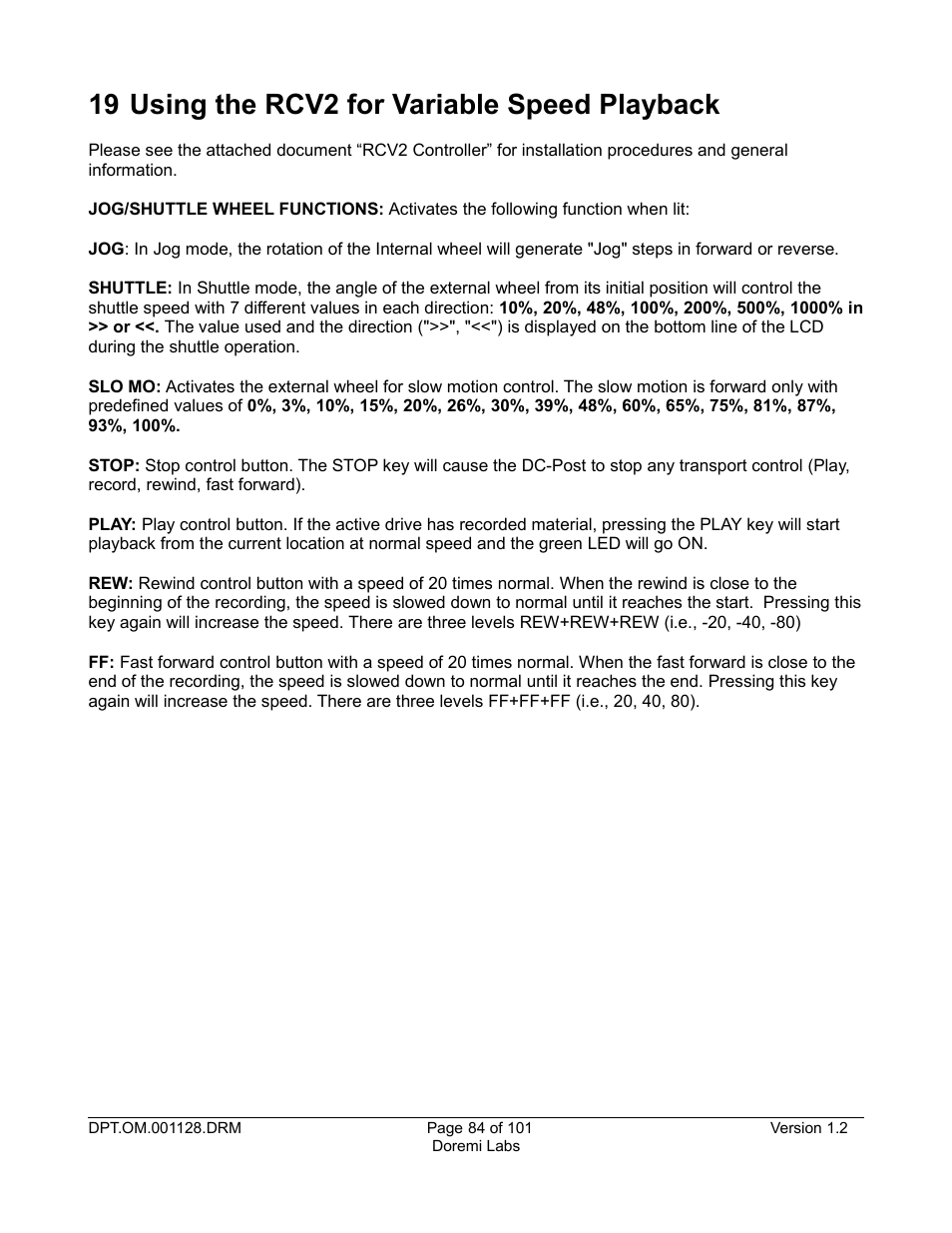 19 using the rcv2 for variable speed playback | Doremi DC-POST User Manual | Page 84 / 101