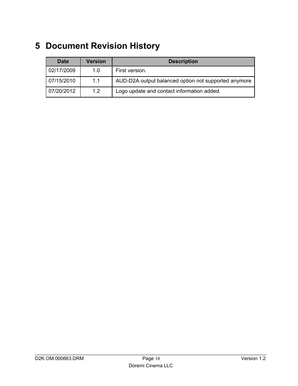 5 document revision history | Doremi DCP-2000 User Manual | Page 10 / 10