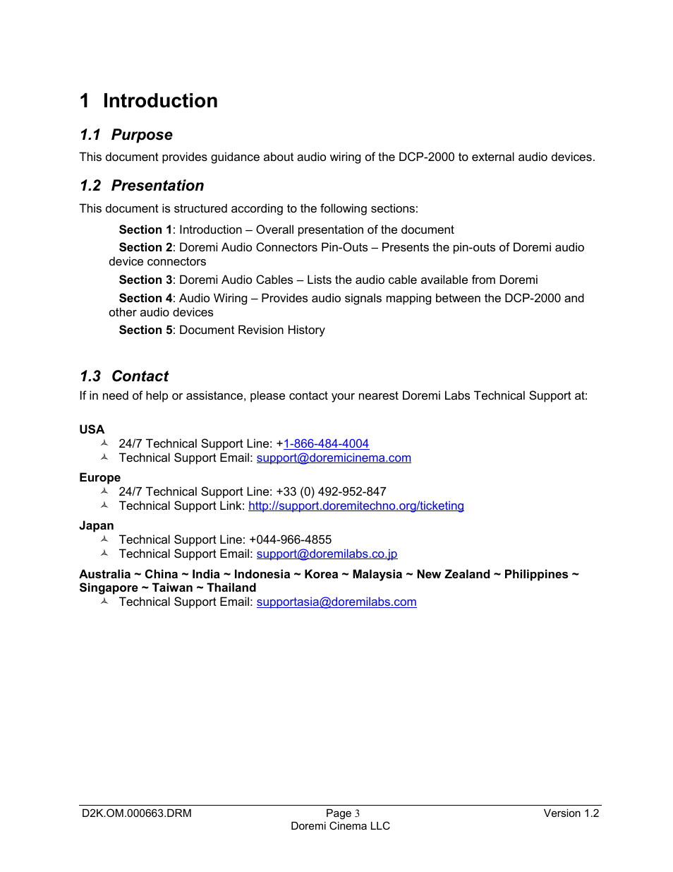 1 introduction, 1 purpose, 2 presentation | 3 contact | Doremi DCP-2000 User Manual | Page 3 / 10