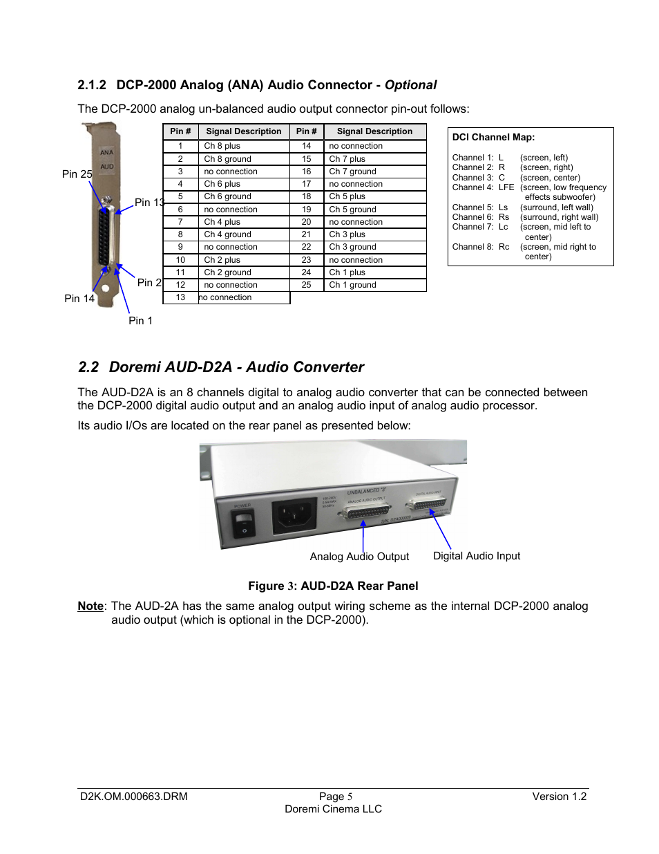 2 dcp-2000 analog (ana) audio connector - optional, 2 doremi aud-d2a - audio converter | Doremi DCP-2000 User Manual | Page 5 / 10