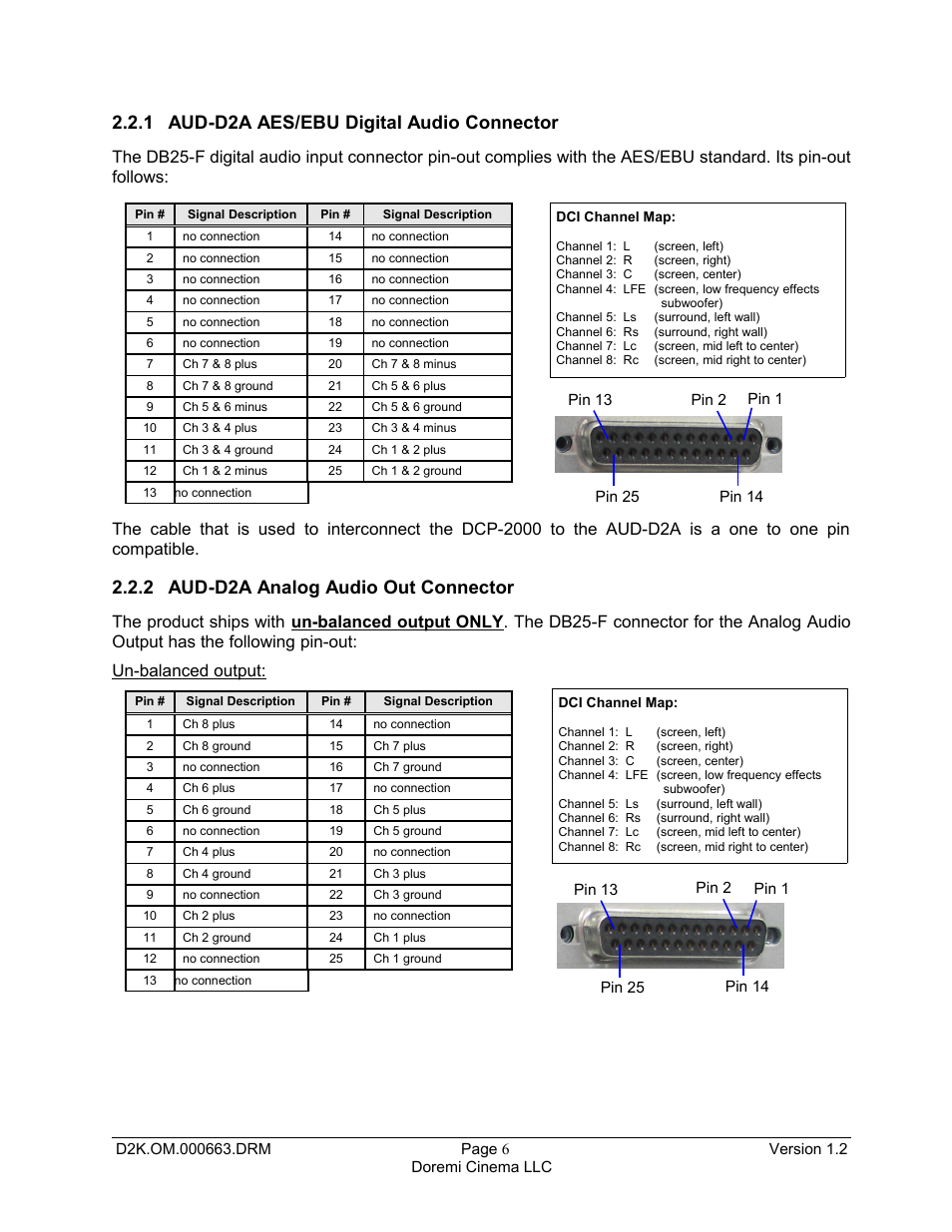 1 aud-d2a aes/ebu digital audio connector, 2 aud-d2a analog audio out connector | Doremi DCP-2000 User Manual | Page 6 / 10