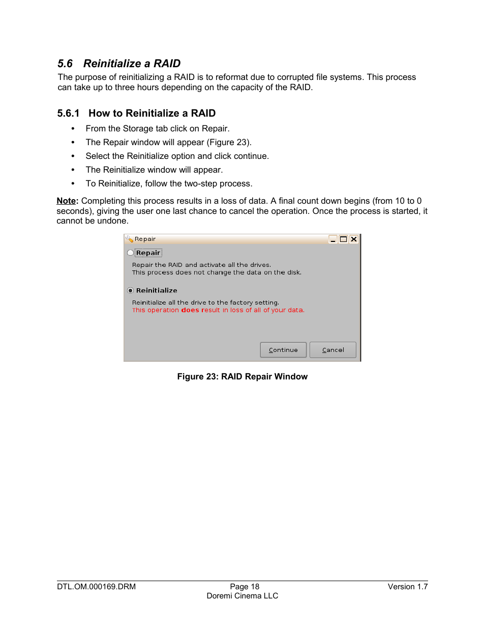 6 reinitialize a raid, 1 how to reinitialize a raid | Doremi DCP-2000 User Manual | Page 18 / 35