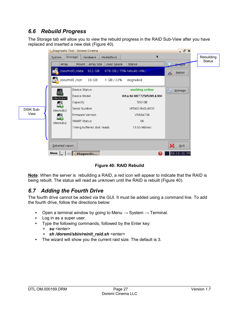 6 rebuild progress, 7 adding the fourth drive | Doremi DCP-2000 User Manual | Page 27 / 35