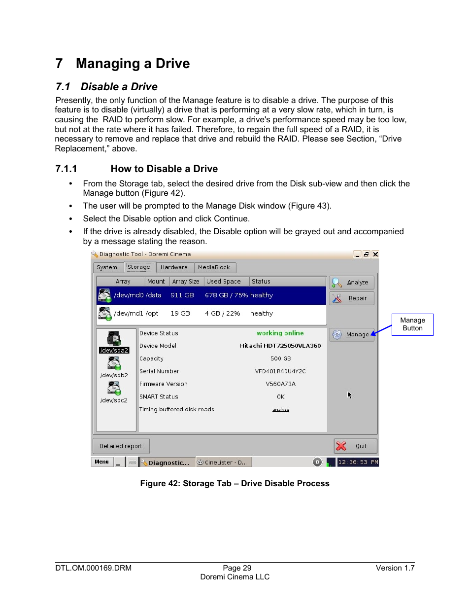 7 managing a drive, 1 disable a drive, 1 how to disable a drive | Doremi DCP-2000 User Manual | Page 29 / 35