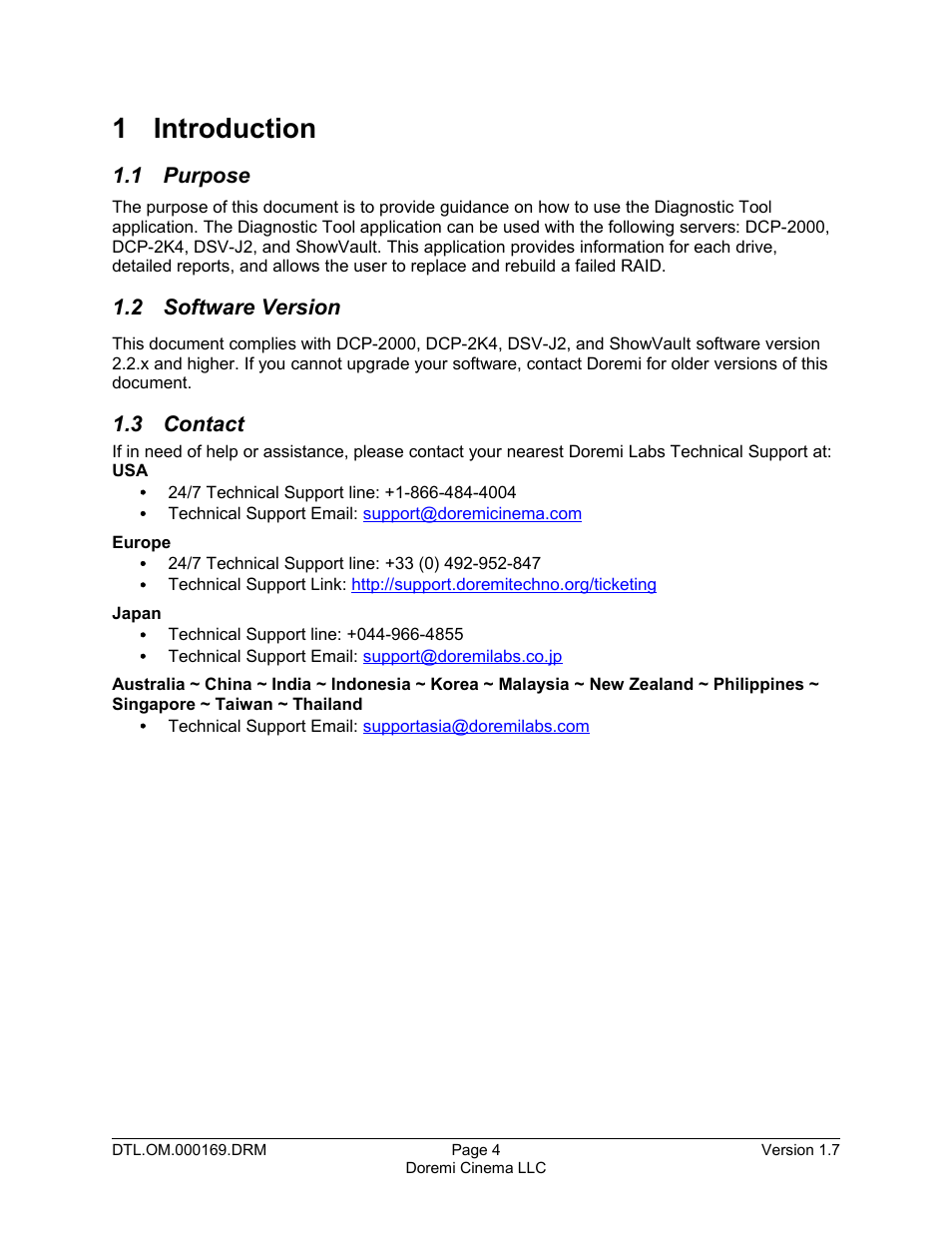 1 introduction, 1 purpose, 2 software version | 3 contact | Doremi DCP-2000 User Manual | Page 4 / 35