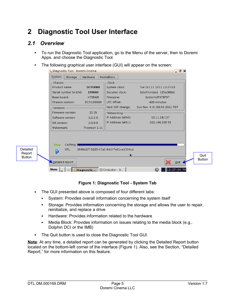 2 diagnostic tool user interface, 1 overview | Doremi DCP-2000 User Manual | Page 5 / 35