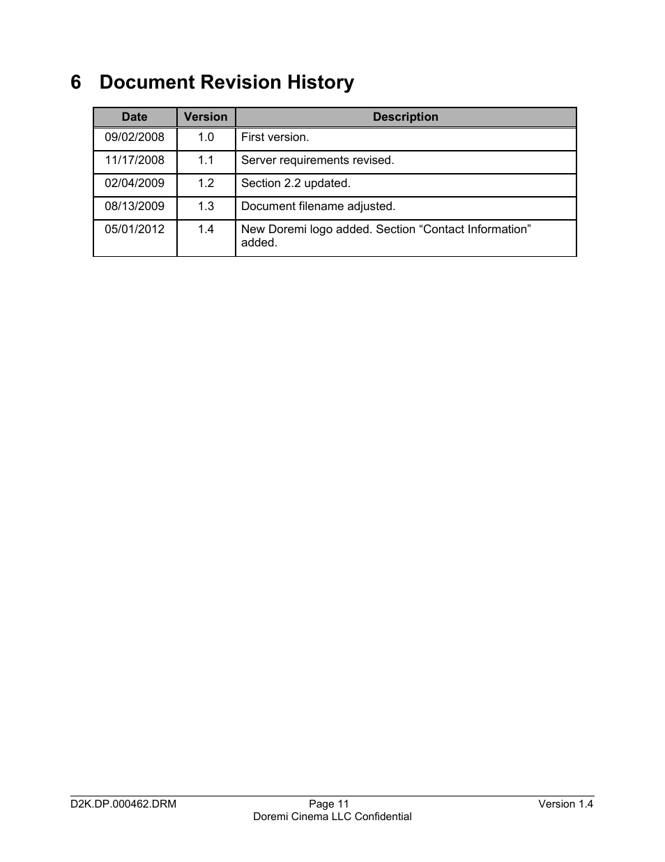 6 document revision history | Doremi DCP-2000 User Manual | Page 11 / 11
