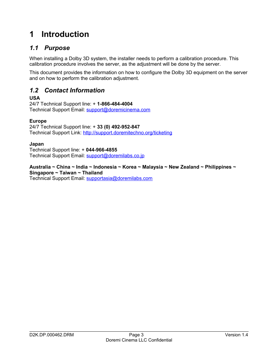 1 introduction, 1 purpose, 2 contact information | Doremi DCP-2000 User Manual | Page 3 / 11
