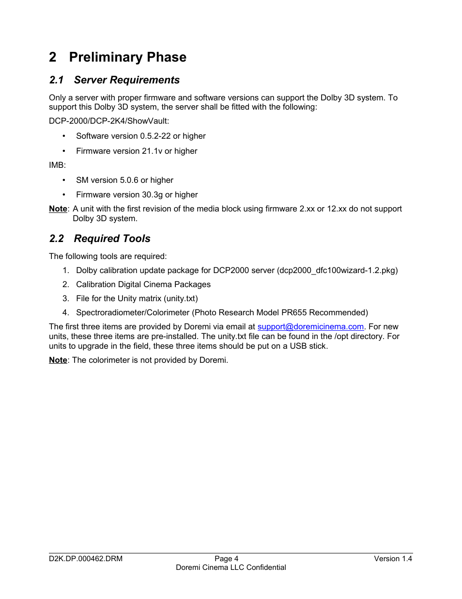 2 preliminary phase, 1 server requirements, 2 required tools | Doremi DCP-2000 User Manual | Page 4 / 11