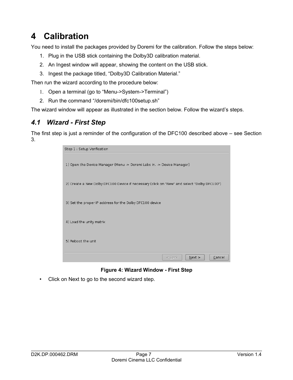 4 calibration, 1 wizard - first step | Doremi DCP-2000 User Manual | Page 7 / 11