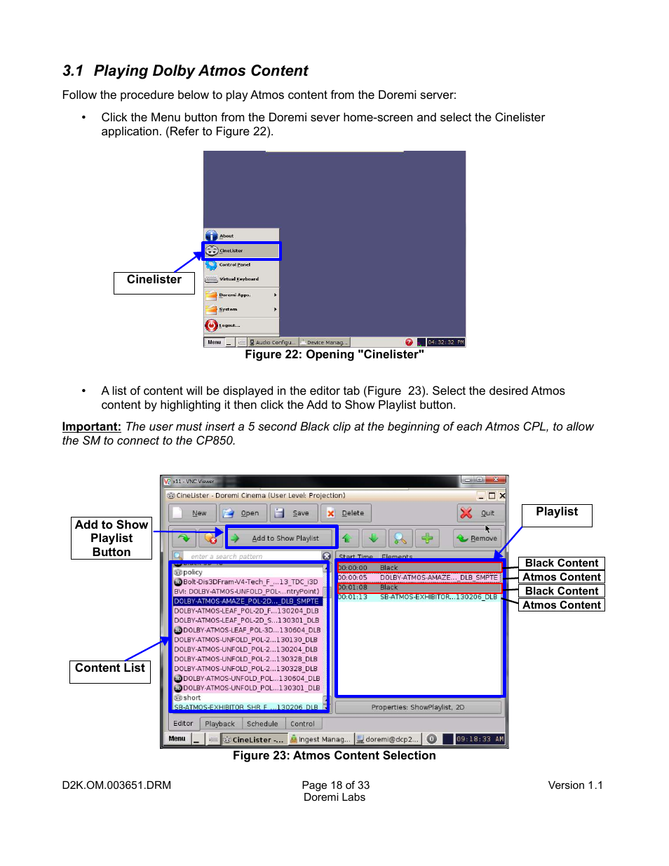 1 playing dolby atmos content | Doremi DCP-2000 User Manual | Page 18 / 33