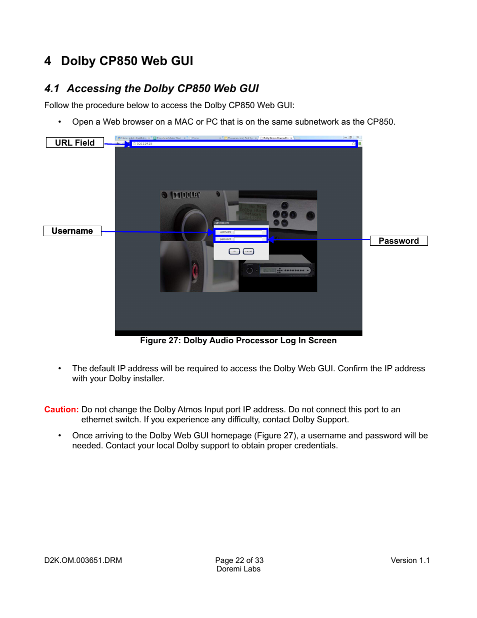 4 dolby cp850 web gui, 1 accessing the dolby cp850 web gui | Doremi DCP-2000 User Manual | Page 22 / 33