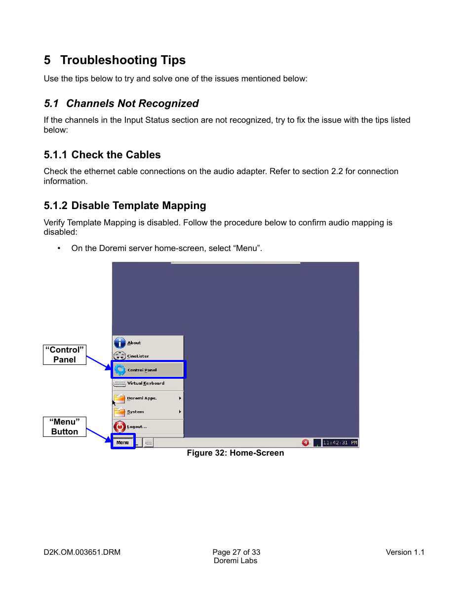 5 troubleshooting tips, 1 channels not recognized, 1 check the cables | 2 disable template mapping | Doremi DCP-2000 User Manual | Page 27 / 33