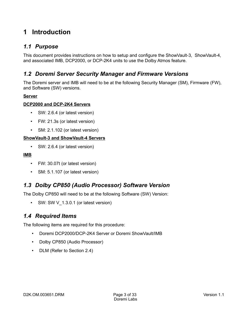 1 introduction, 1 purpose, 3 dolby cp850 (audio processor) software version | 4 required items | Doremi DCP-2000 User Manual | Page 3 / 33
