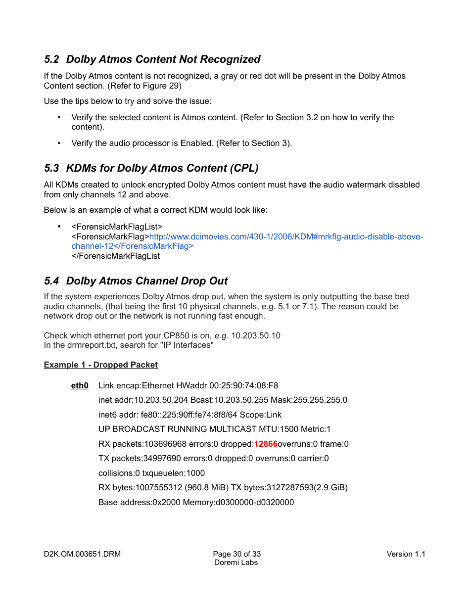 2 dolby atmos content not recognized, 3 kdms for dolby atmos content (cpl), 4 dolby atmos channel drop out | Doremi DCP-2000 User Manual | Page 30 / 33
