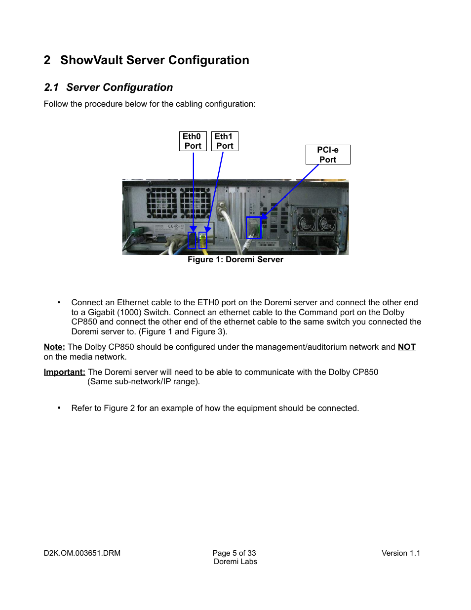 2 showvault server configuration, 1 server configuration | Doremi DCP-2000 User Manual | Page 5 / 33