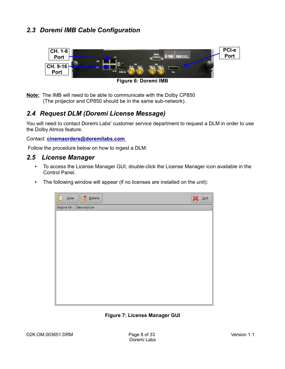 3 doremi imb cable configuration, 4 request dlm (doremi license message), 5 license manager | Doremi DCP-2000 User Manual | Page 8 / 33