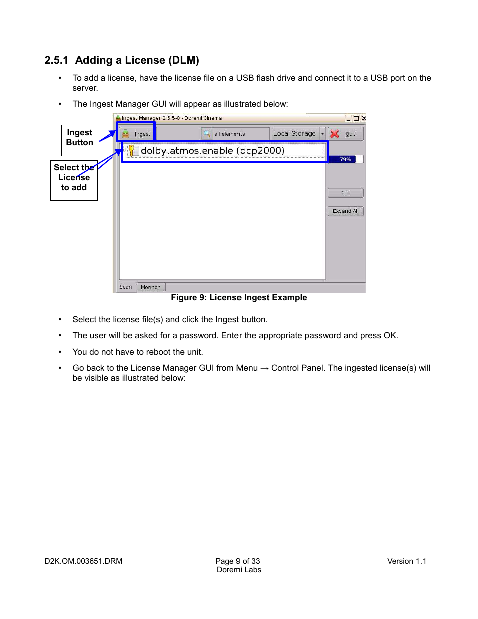 1 adding a license (dlm) | Doremi DCP-2000 User Manual | Page 9 / 33
