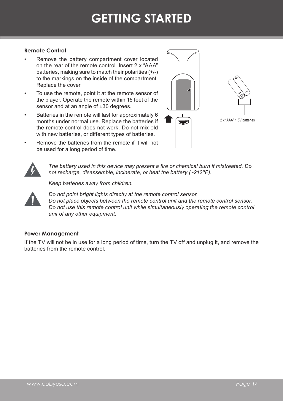 Remote control, Power management, Getting started | COBY electronic TF-TV3207 User Manual | Page 17 / 32