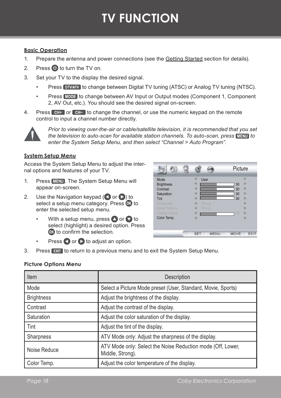 Tv function, Basic operation, System setup menu | Picture options menu | COBY electronic TF-TV3207 User Manual | Page 18 / 32