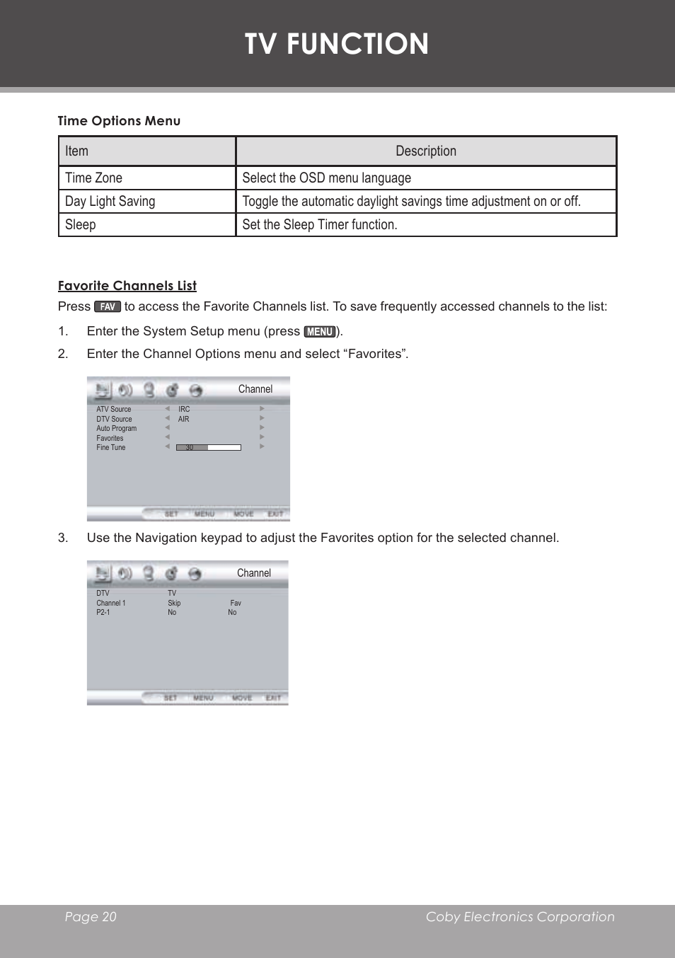 Time options menu, Favorite channels list, Tv function | COBY electronic TF-TV3207 User Manual | Page 20 / 32