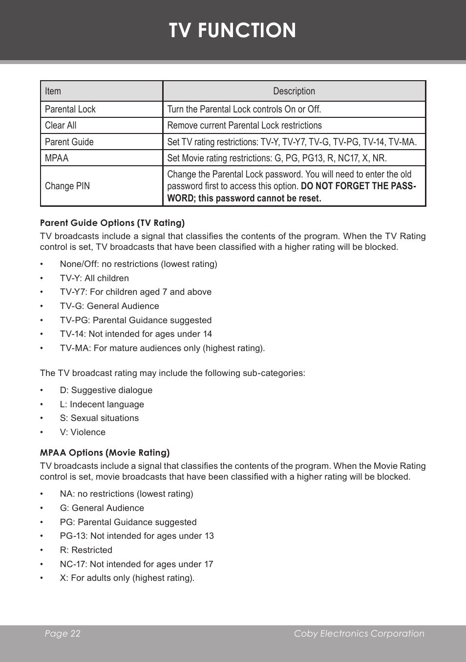 Parent guide options (tv rating), Mpaa options (movie rating), Tv function | COBY electronic TF-TV3207 User Manual | Page 22 / 32