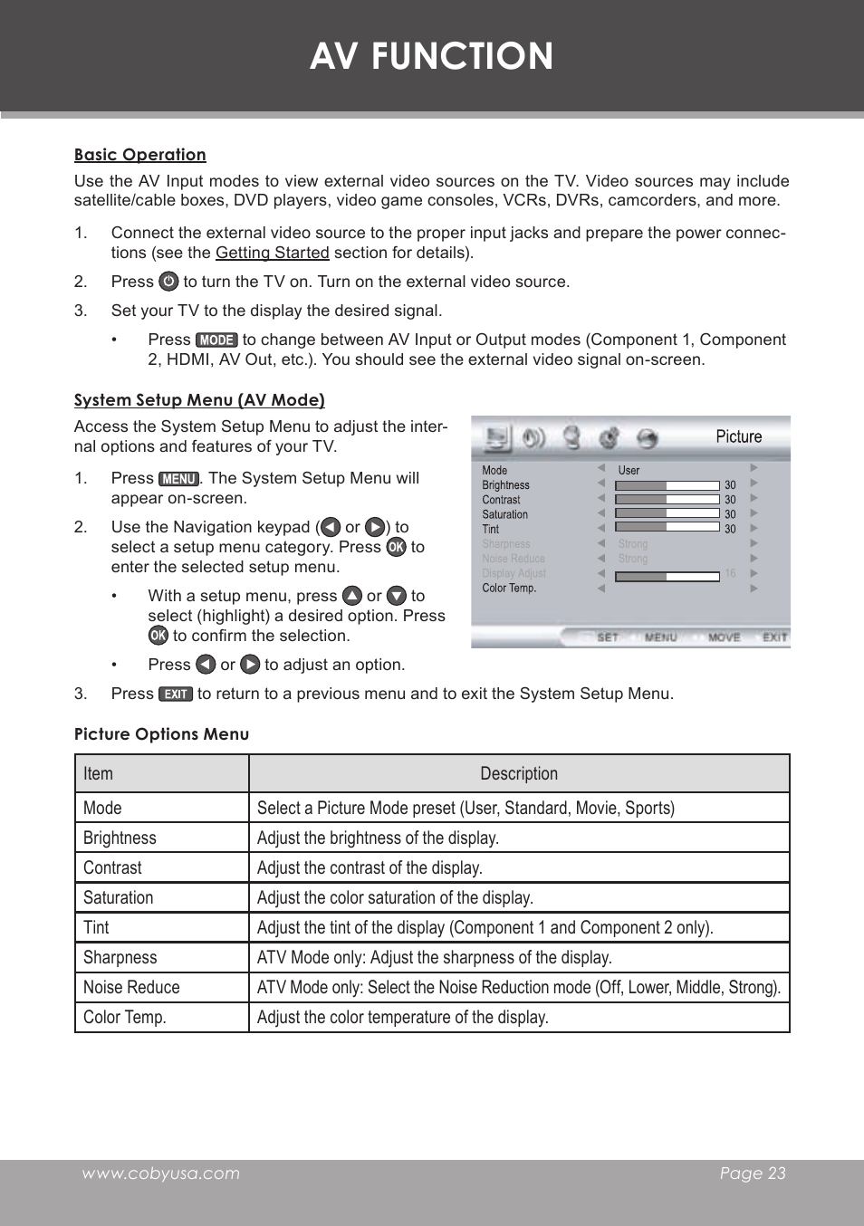 Av function, Basic operation, System setup menu (av mode) | Picture options menu | COBY electronic TF-TV3207 User Manual | Page 23 / 32